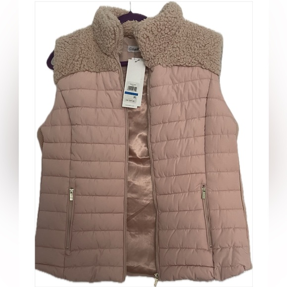 New Calvin Klein Sherpa Trim Puffer Vest - Blush Women's Jacket Sleeveless - Picture 5 of 9